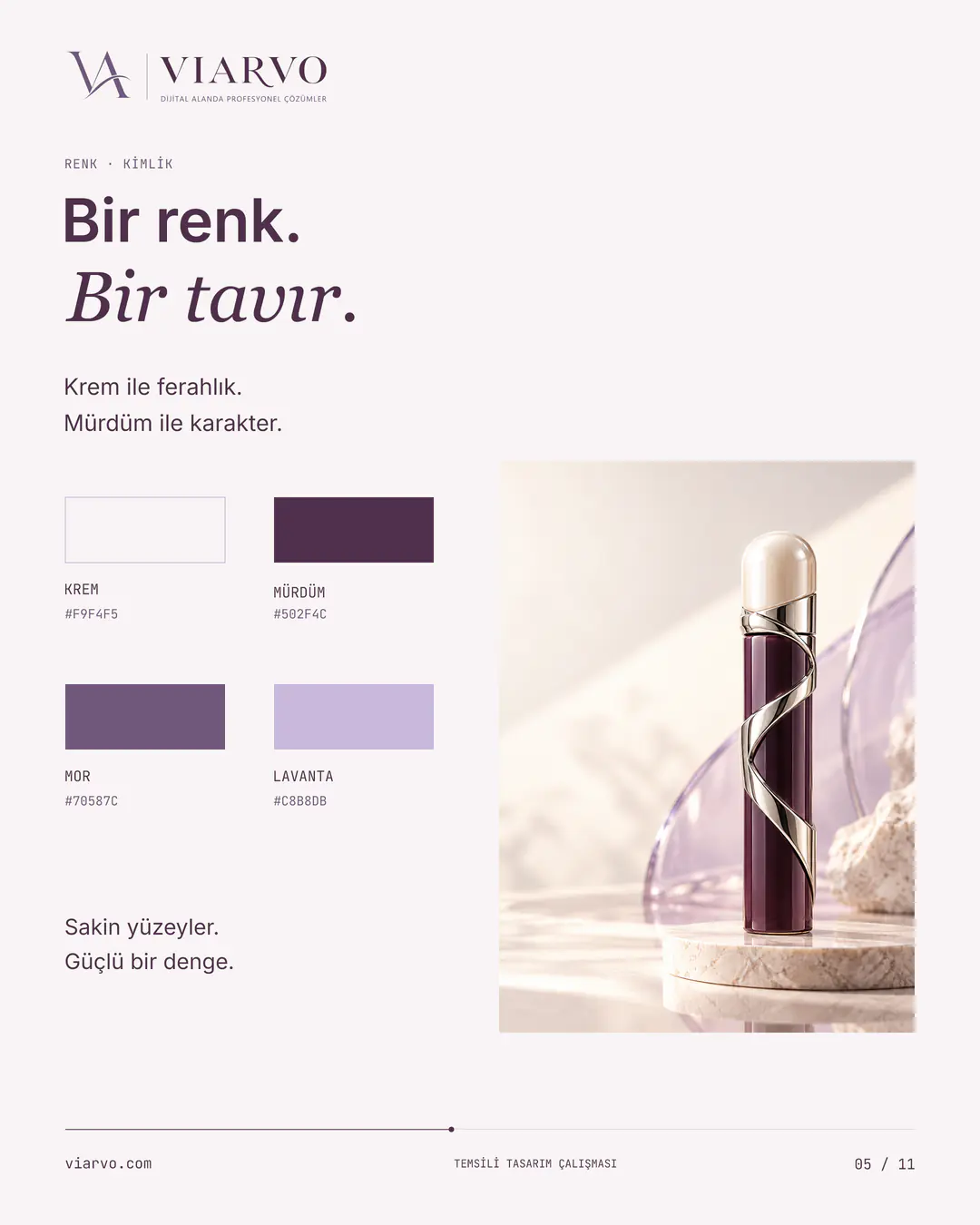 Temsili tasarım: VIARVO krem, mürdüm, mor ve lavanta renkleri ile ürün örneği.
