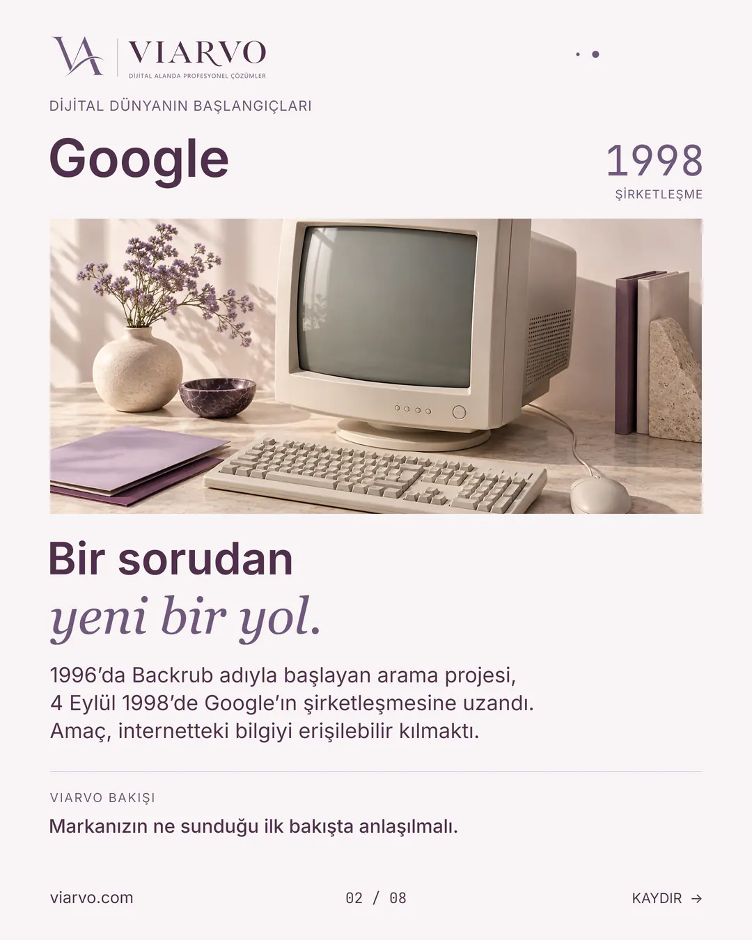 Google arama fikrinin başlangıcını anlatan eski CRT ekranlı temsili editoryal tasarım.