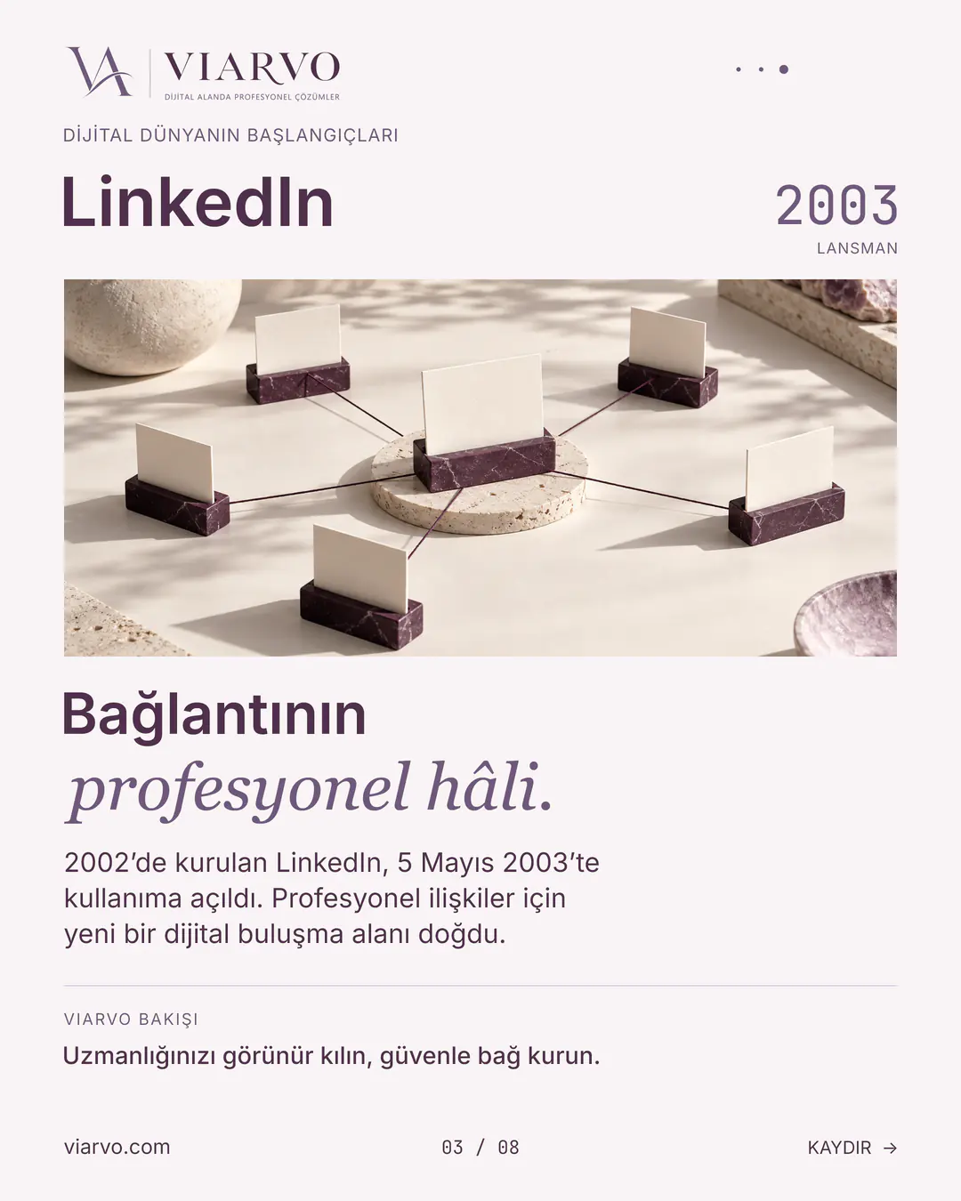 LinkedIn ve profesyonel bağlantıları anlatan kartlar ve ağ çizgileriyle hazırlanmış tasarım.