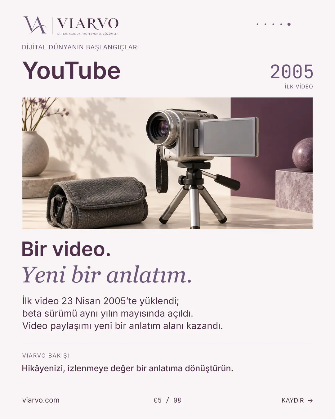 YouTube ve video anlatımının başlangıcını eski video kamerayla anlatan temsili sahne.