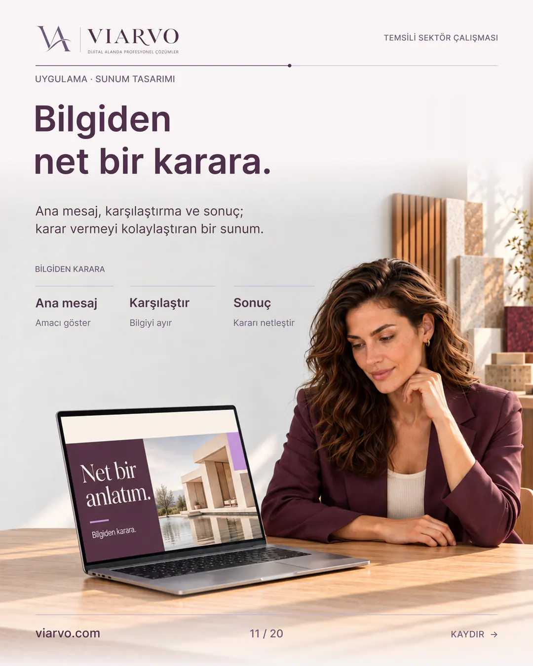 Temsili üretim ve yapı tasarımı: Bilgiden net bir karara. Ana mesaj, karşılaştırma ve sonuç; karar vermeyi kolaylaştıran bir sunum.