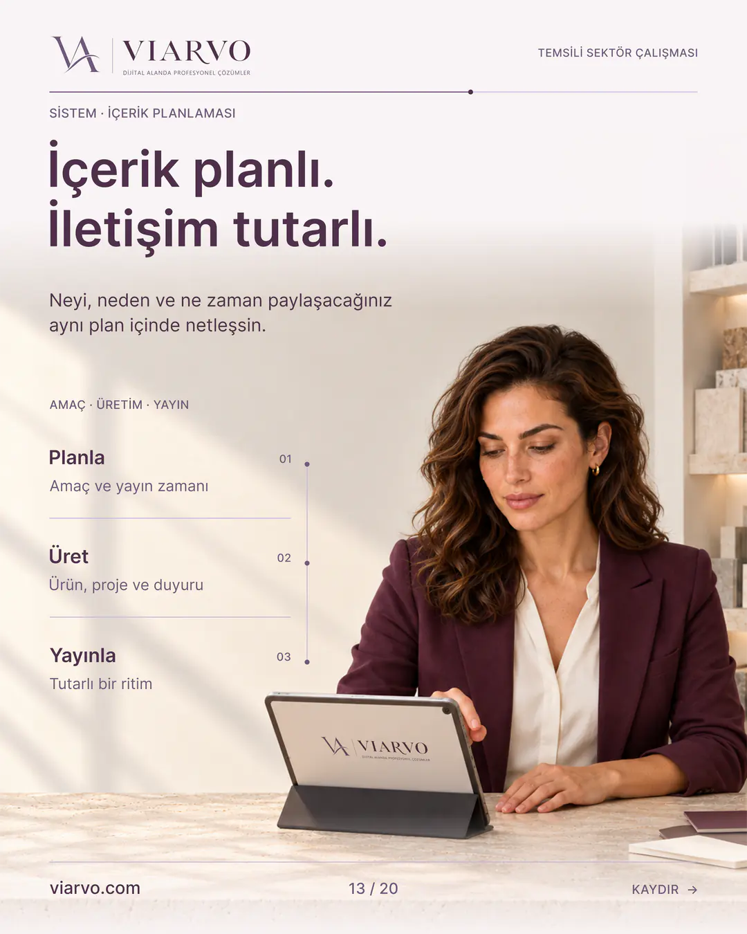 Temsili üretim ve yapı tasarımı: İçerik planlı. İletişim tutarlı. Neyi, neden ve ne zaman paylaşacağınız aynı plan içinde netleşsin.
