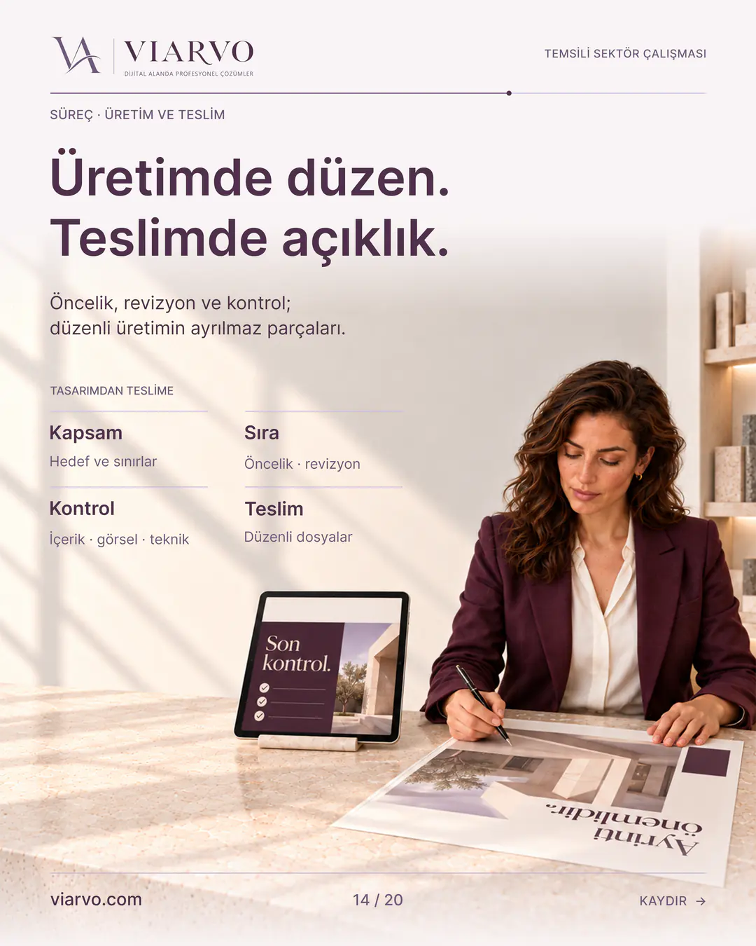 Temsili üretim ve yapı tasarımı: Üretimde düzen. Teslimde açıklık. Öncelik, revizyon ve kontrol; düzenli üretimin ayrılmaz parçaları.