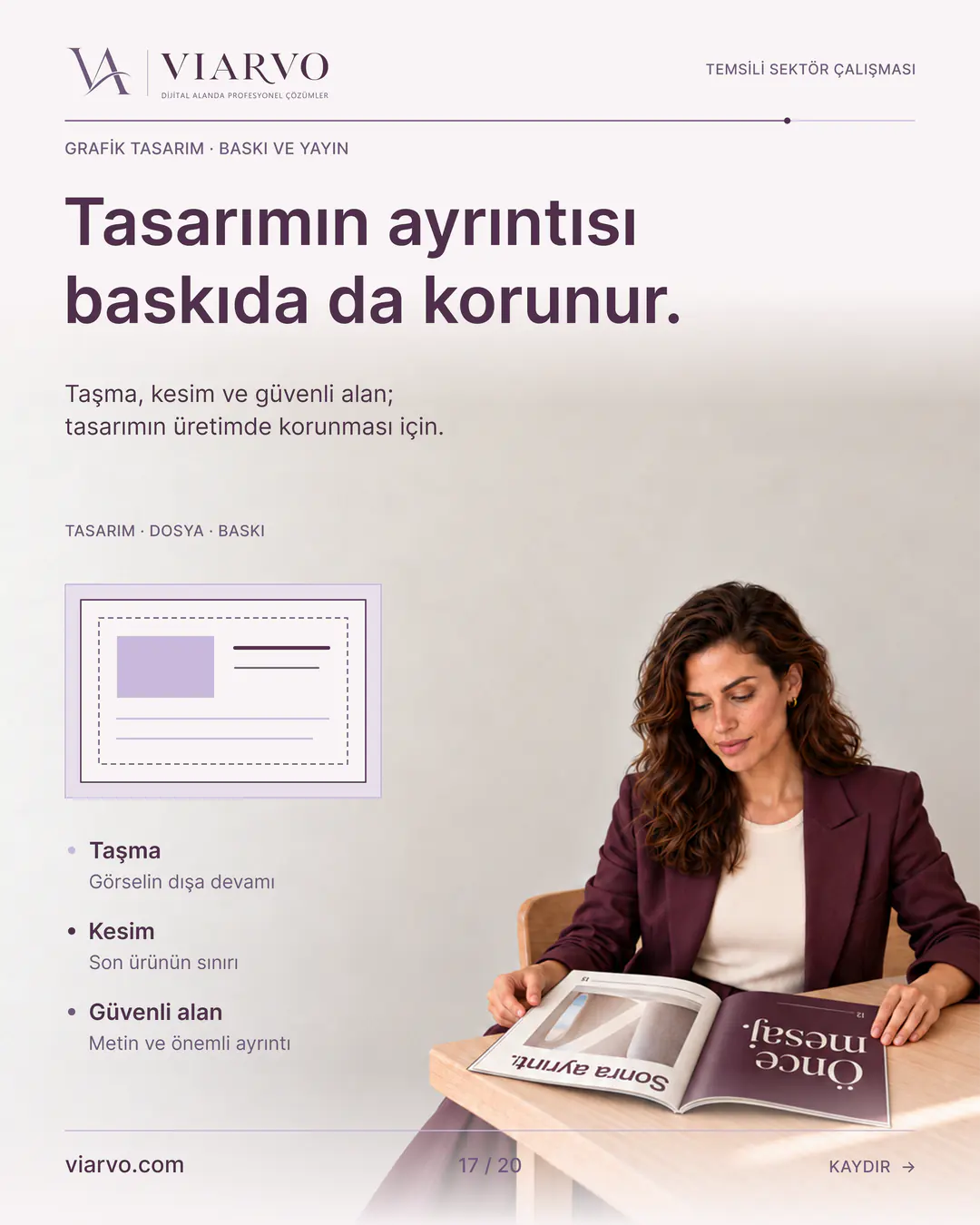 Temsili üretim ve yapı tasarımı: Tasarımın ayrıntısı baskıda da korunur. Taşma, kesim ve güvenli alan; tasarımın üretimde korunması için.