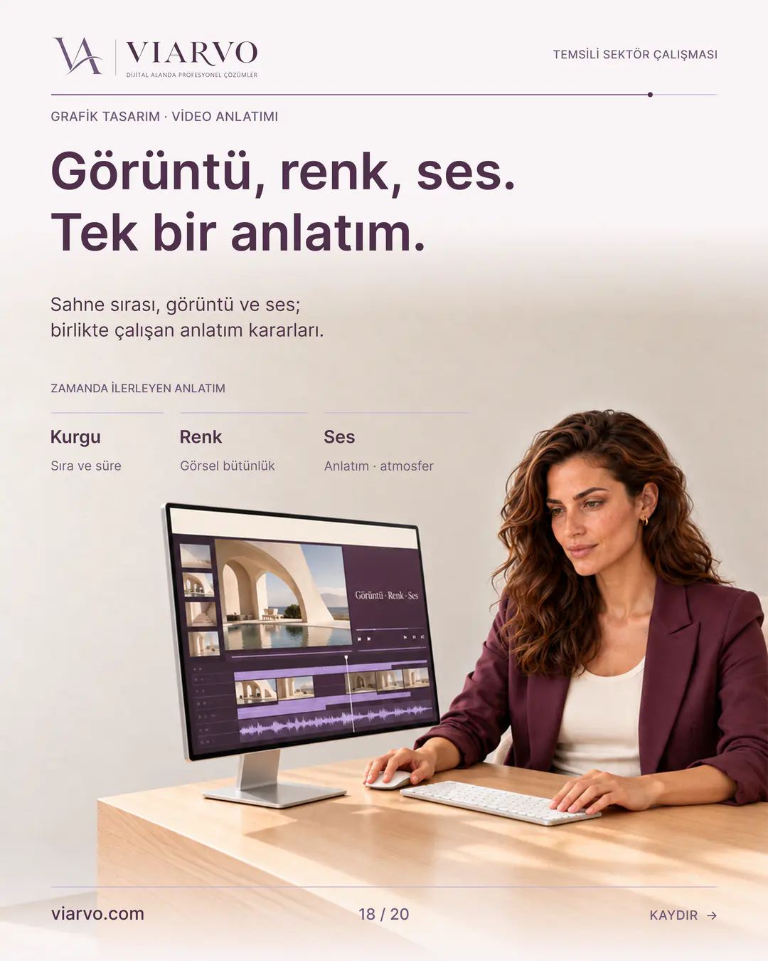 Temsili üretim ve yapı tasarımı: Görüntü, renk, ses. Tek bir anlatım. Sahne sırası, görüntü ve ses; birlikte çalışan anlatım kararları.
