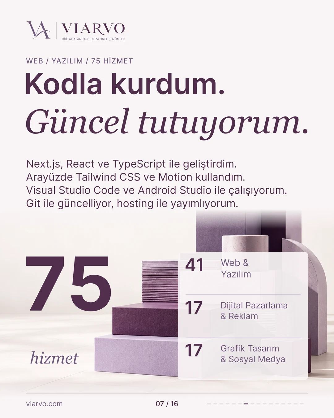 Kodla kurdum. Güncel tutuyorum. Üç ana alandaki bütün hizmetlerimi bir araya getiren VIARVO web sitesi.